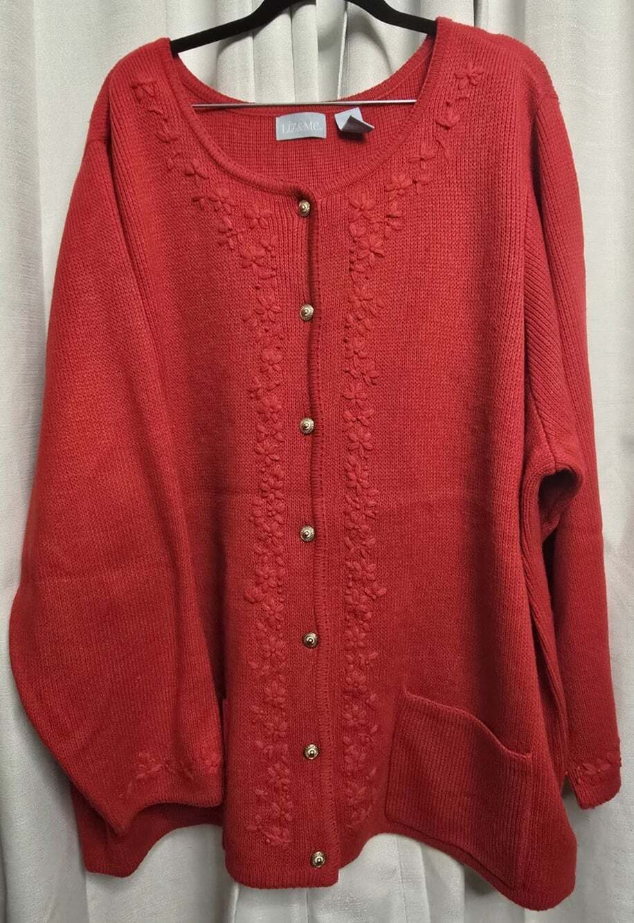 Womens Plus Size 3X LIZ&ME Red Knit Cardigan Sweater Button Front Embroidered